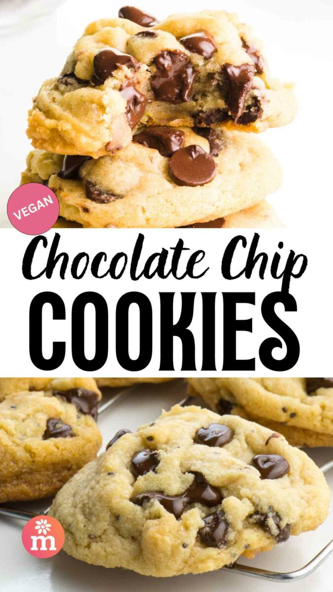 The top image shows a cookie with a bite taken out and the bottom the cookie is in a wire rack. The text reads, Vegan Chocolate Chip Cookies.