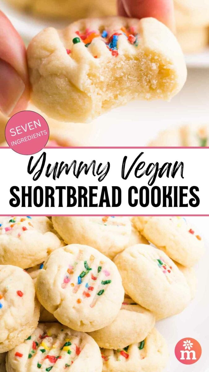 A hand holds a cookie with bite taken out on top and a plate of cookies is on the bottom. The text reads Yummy Vegan Shortbread Cookies.