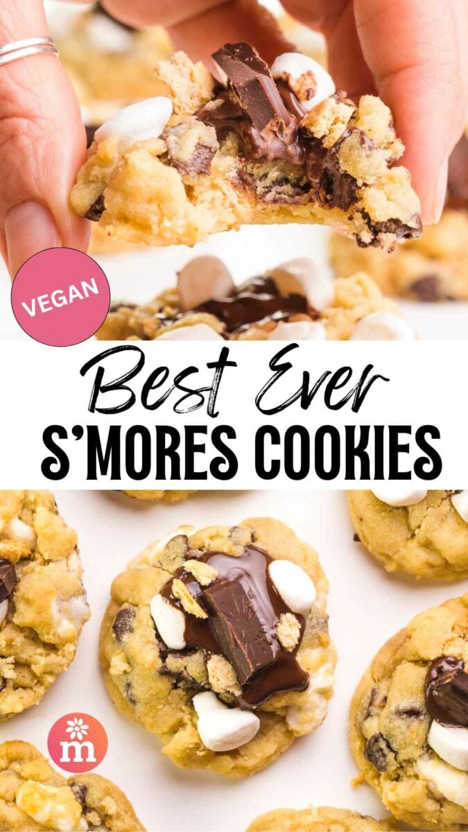 A hand holds a cookie with a bite taken out on top. Looking down on a tray of cookies on bottom. The text reads, Best Ever S'mores Cookies.