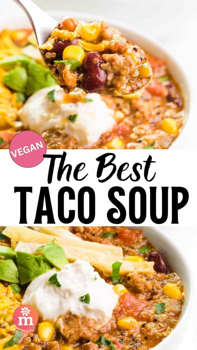 A spoonful of soup hovers over a bowl with more soup. The bottom image shows the soup in a bowl. The text reads, The Best Taco Soup.
