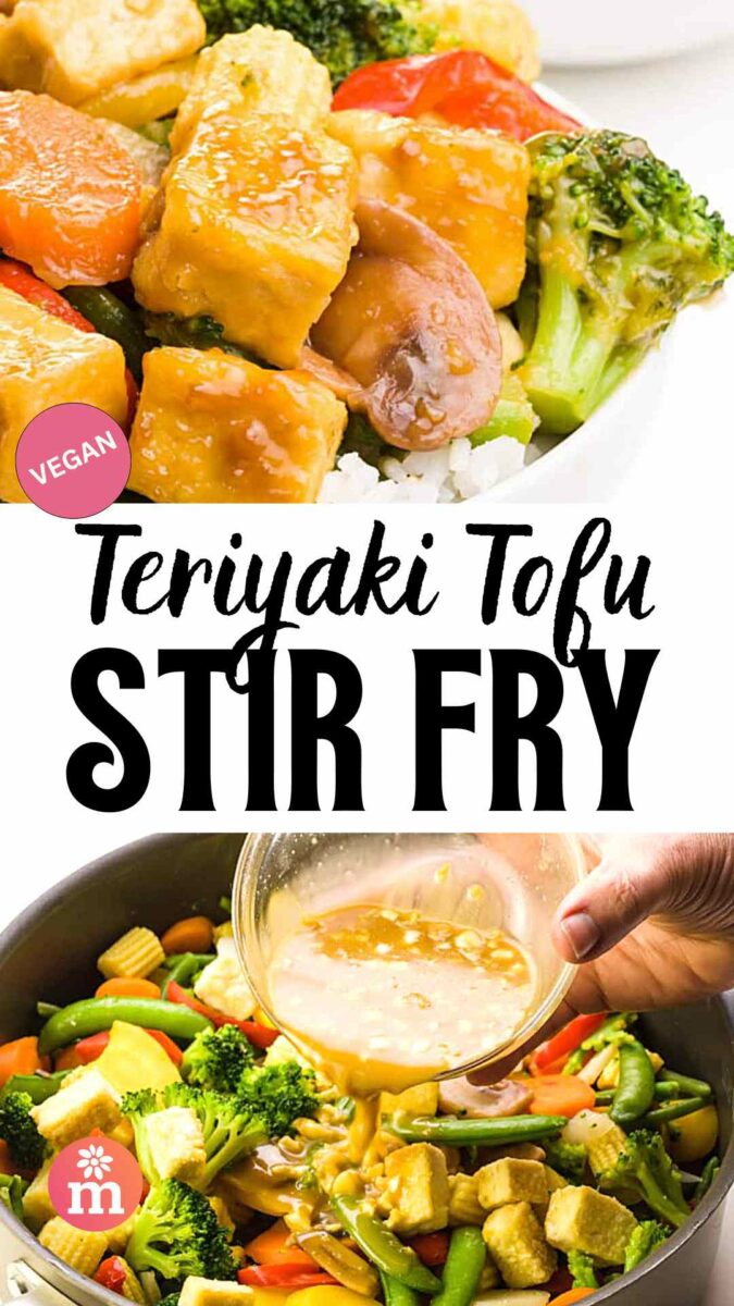 A closeup of tofu and veggies in a bowl on top. Below shows a hand pouring source into a pan with tofu and veggies. The text reads, Teriyaki Tofu Stir Fry.