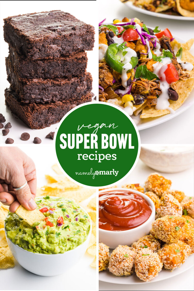 a collage of party foods with text that reads vegan super bowl recipes