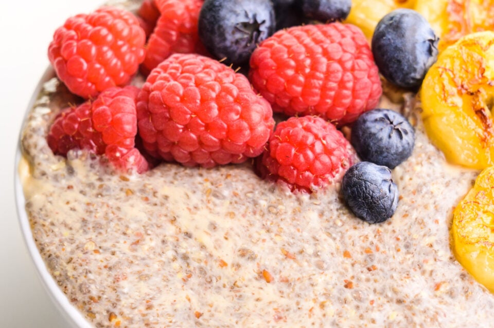 A closeup of hot chia pudding in a bowl, topped with caramelized bananas and fresh berries.