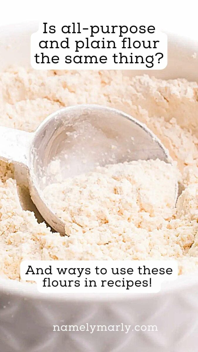 A measuring spoon is in flour. The text reads, Is all-purpose flour and plain flour the same thing? And ways to use these flours in recipes.