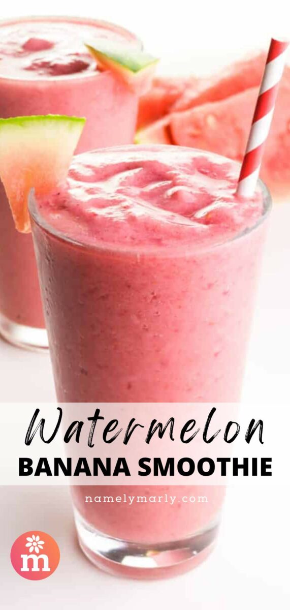 Two refreshing watermelon banana smoothies with straws and a slice of watermelon on the glass.
