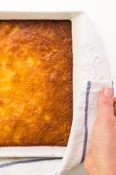 A hand holds a pan of freshly baked cake with a kitten towel.