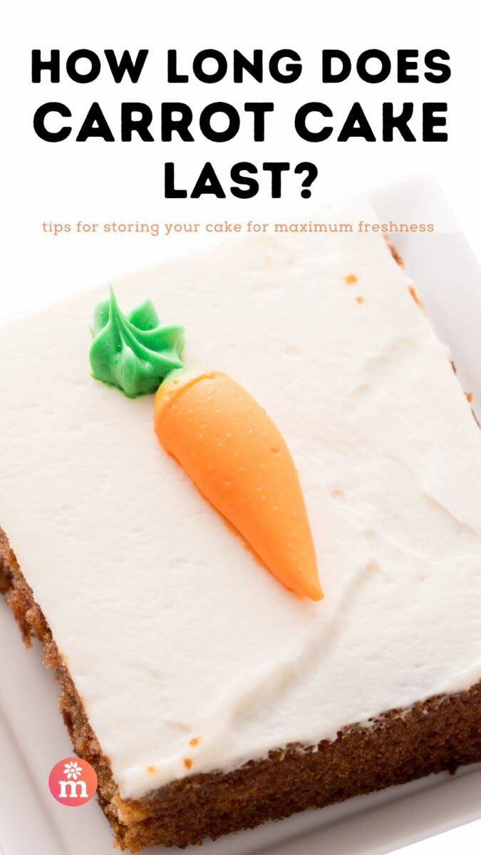 Carrot cake topped with an orange fondant carrot and green icing on a white frosting layer, displayed on a plate.