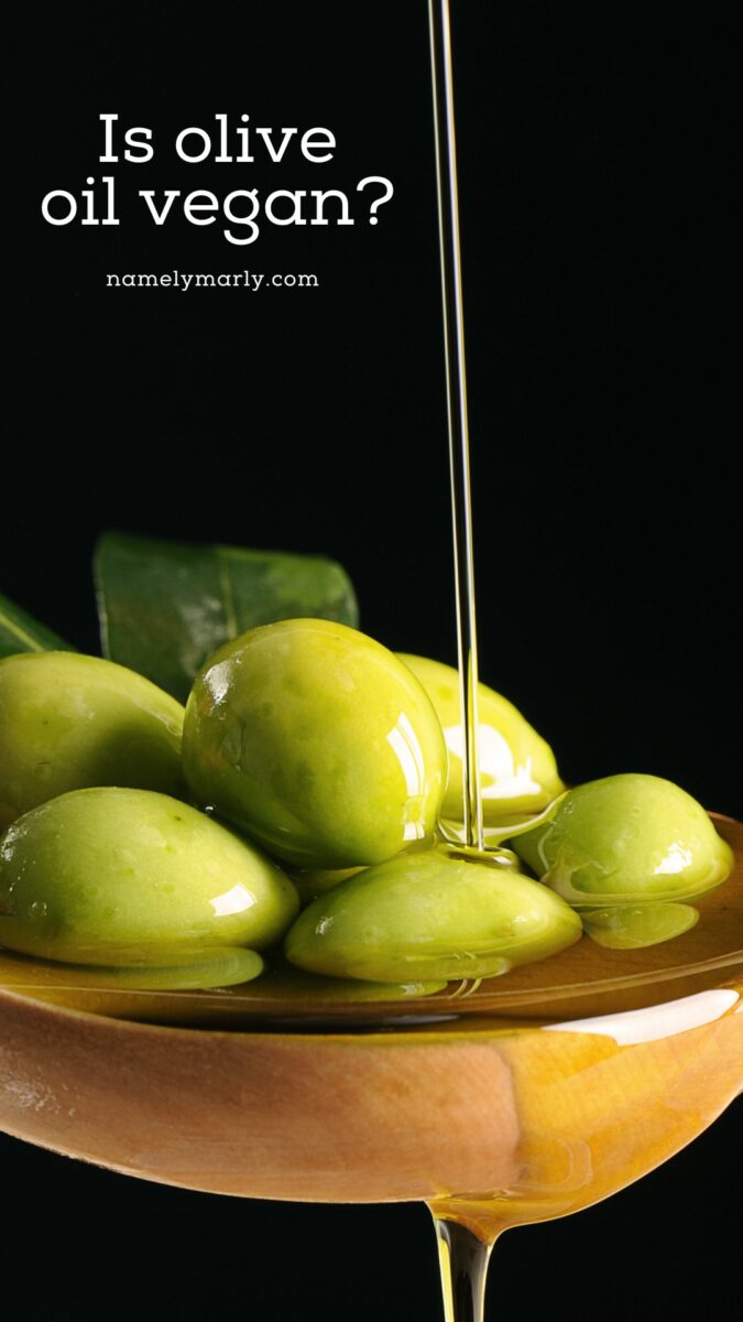 Green olives in a bowl with olive oil, against a black background, with text questioning if olive oil is vegan.