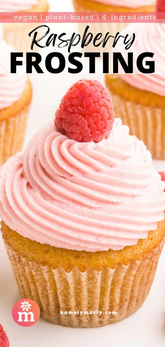 Vegan raspberry frosting swirled on a cupcake, topped with a fresh raspberry.