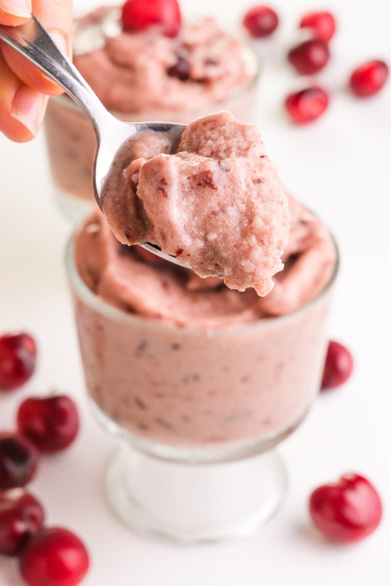 A spoonful of chocolate cherry nice cream hovers over a bowl with more of it. There are fresh cherries in the background.