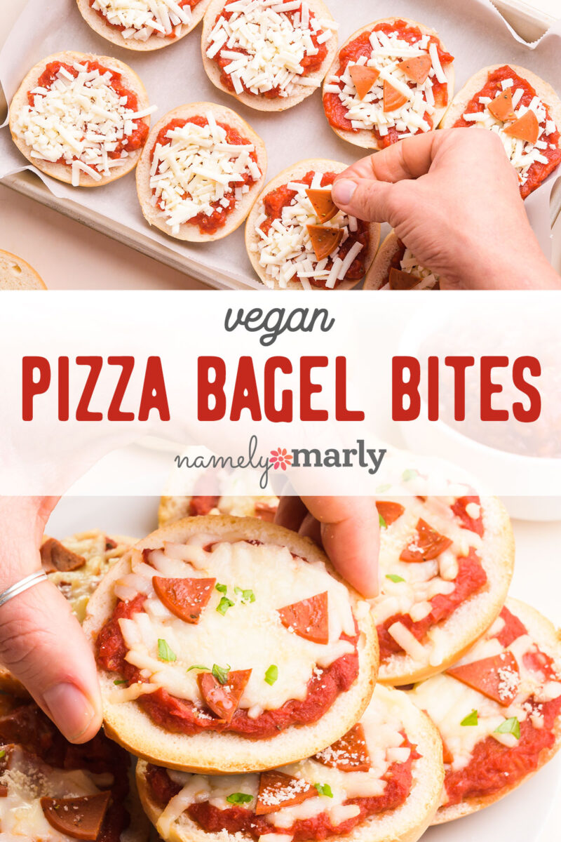 A hand places vegan pepperoni pieces on small bagels covered in cheese. Another image shows a hand holding the finished pizza bagel. Text reads Vegan Pizza Bagel Bites.