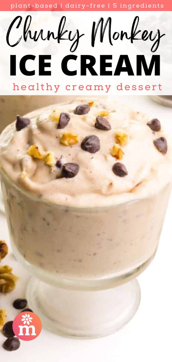A serving dish of ice cream has chocolate chips and walnuts on top. The text reads, plant-based, dairy-free, 5 ingredients, Chunky Monkey Ice Cream, healthy creamy dessert.