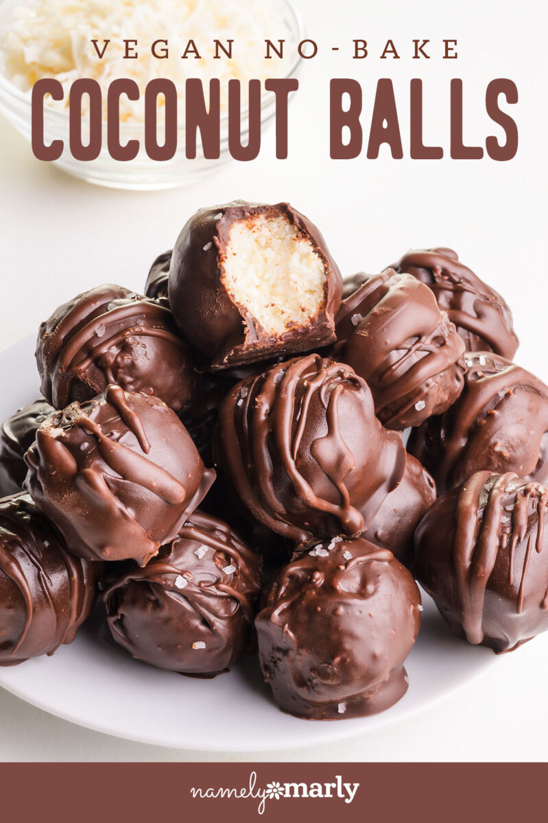 A plate of coconut balls shows the top one with a bite taken out. The text reads vegan no-bake Coconut Balls