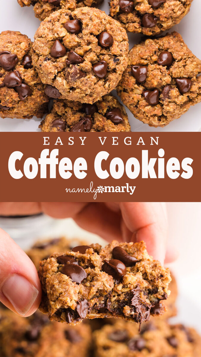 Vegan coffee cookies with chocolate chips, displayed on a plate, with one cookie being held.