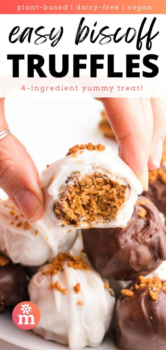 A hand holds a chocolate covered truffle with a bite taken out. The text reads, plant-based, dairy-free, vegan easy biscoff Truffles, 4-ingredient yummy treat!
