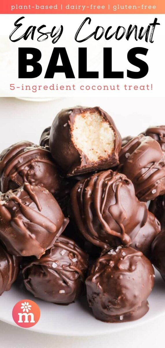 A plate of coconut balls shows the top one with a bite taken out. The text reads, plant-based, dairy-free, gluten-free Easy Coconut Balls, 5-ingredient coconut treat!