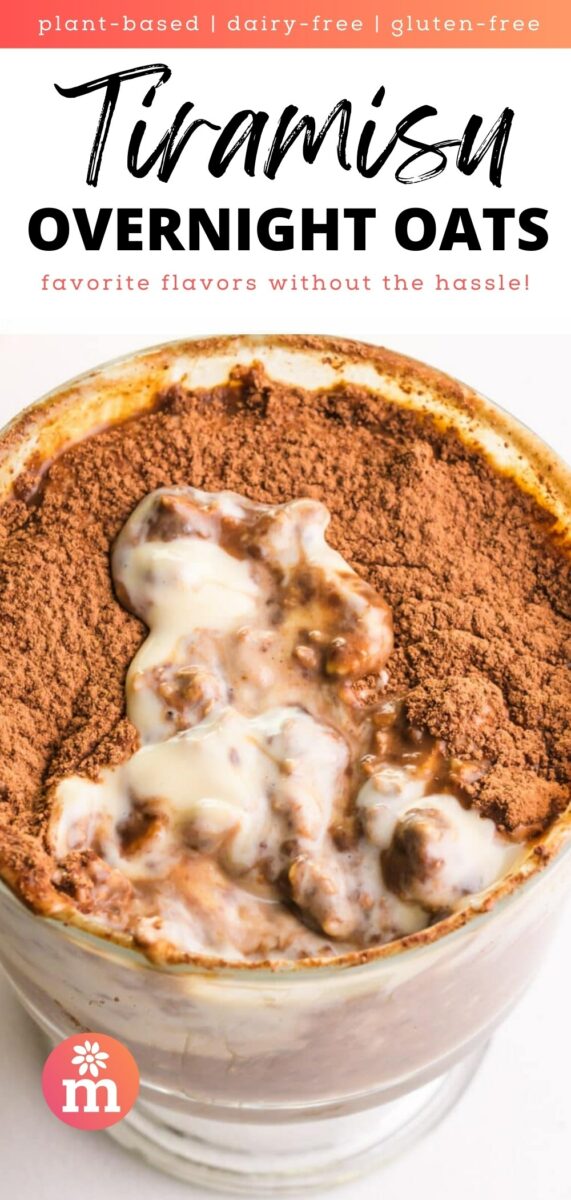 Looking down on a bowl of overnight oats with a bite taken out. The text reads, plant-based, dairy-free, gluten-free Tiramisu Overnight Oats, favorite flavors without the hassle!