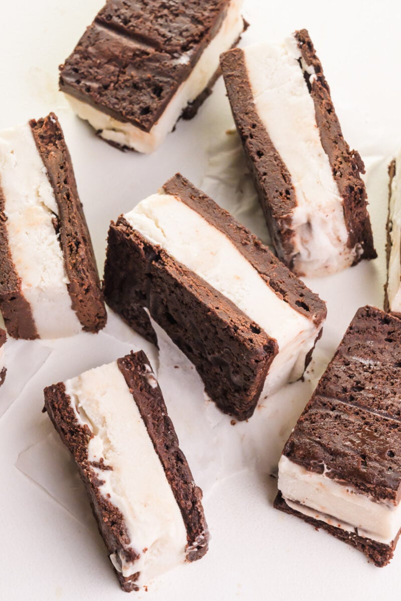 Looking down on dairy-free ice cream sandwiches on a white counter.