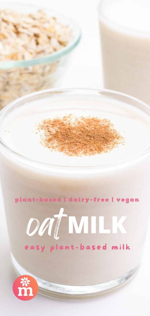 Oat milk in a glass topped with a sprinkle of cinnamon, with oats in the background. Plant-based and dairy-free.