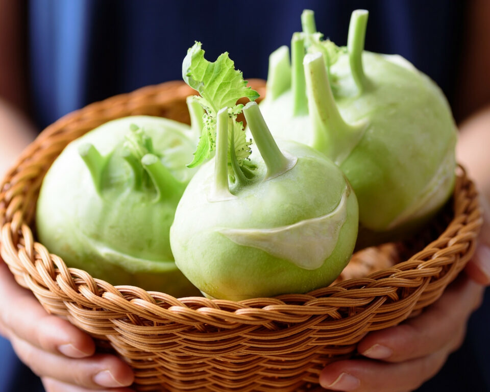 Two hands hold a basket with three fresh kohlrabi vegetables in it.