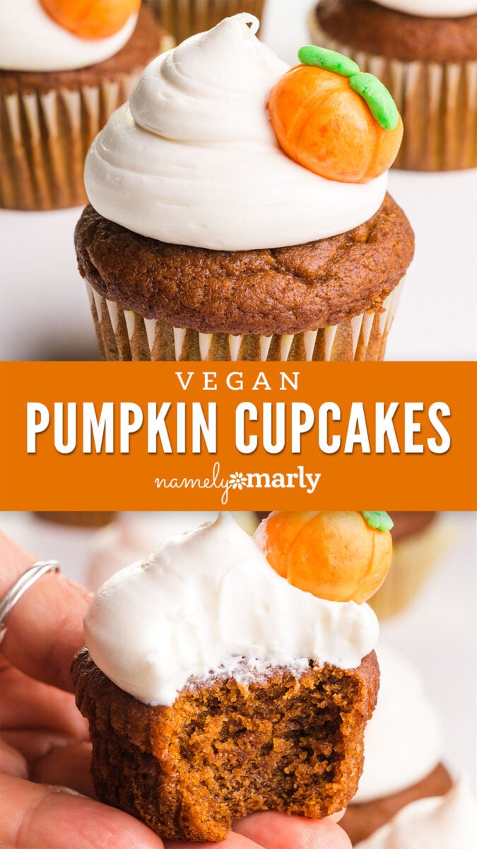 Vegan pumpkin cupcakes topped with creamy frosting and a decorative orange pumpkin garnish.