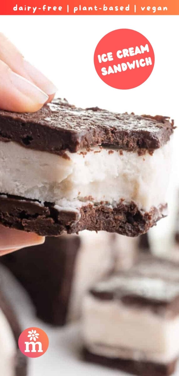 A hand holds an ice cream sandwich with a bite taken out. The text reads, dairy-free, plant-based, vegan ice cream sandwich.