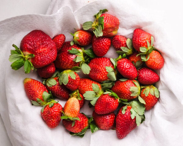 A bunch of strawberries are drying on a plate lined with paper towels.