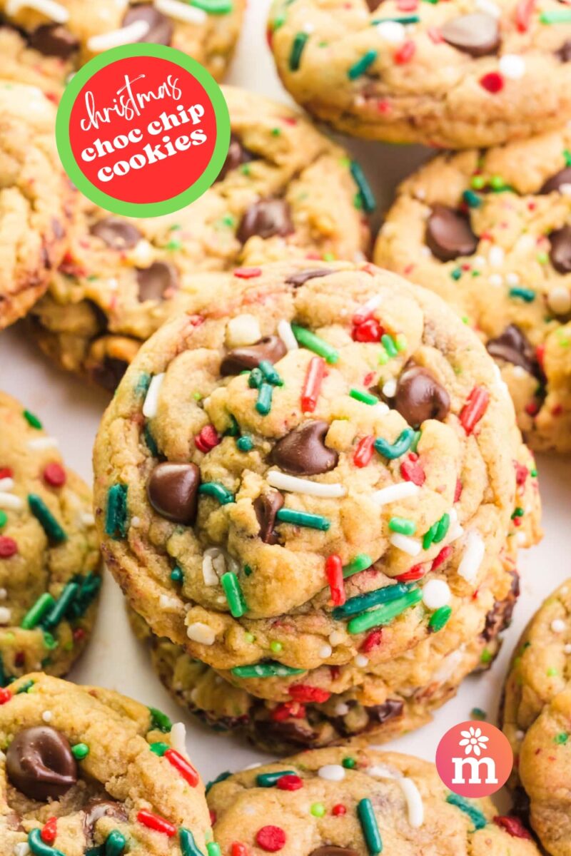 Looking down on Chocolate chip Christmas Cookies on a counter. The text reads Christmas Choc Chip Cookies.