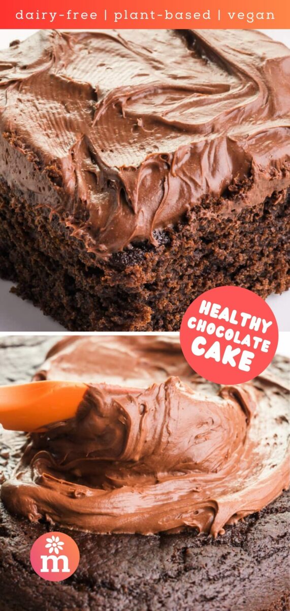 Chocolate cake topped with creamy frosting, labeled as dairy-free, plant-based, and vegan.