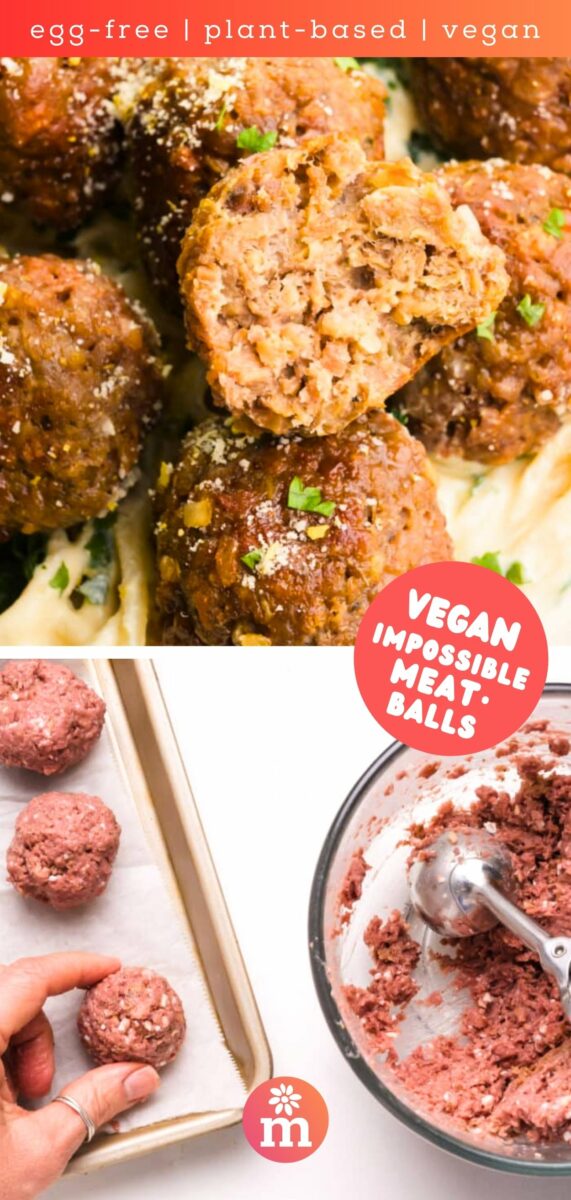 Top image: Irresistible plant-based Impossible Meatballs on a bed of pasta, one with a tempting bite taken. Bottom image: Hands preparing egg-free, plant-based, and vegan Impossible Meatballs – placing unbaked goodness on a sheet beside a bowl of the meatball mixture.
