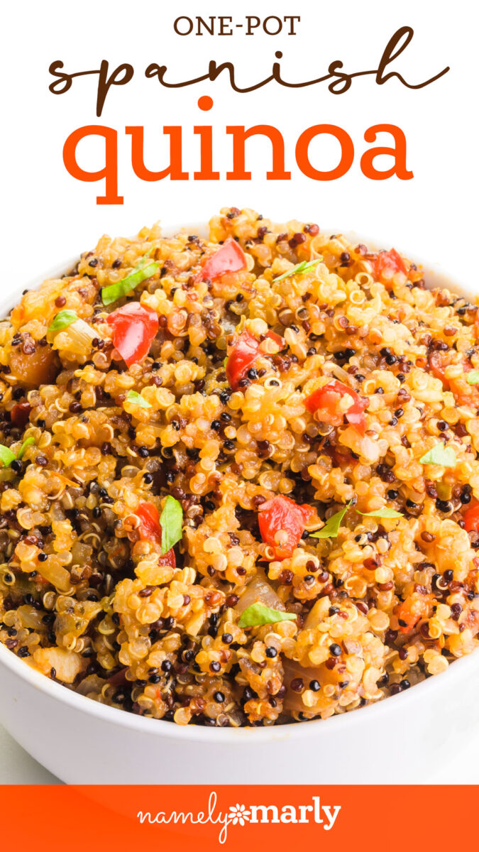 A bowl of quinoa has this text over it, Spanish Quinoa, Namely Marly Vegan Recipes.
