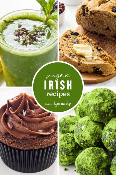 Four vegan Irish recipes: green smoothie, soda bread, chocolate frosting cupcake, and matcha energy balls.