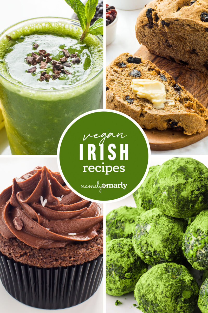 Four vegan Irish recipes: green smoothie, soda bread, chocolate frosting cupcake, and matcha energy balls.