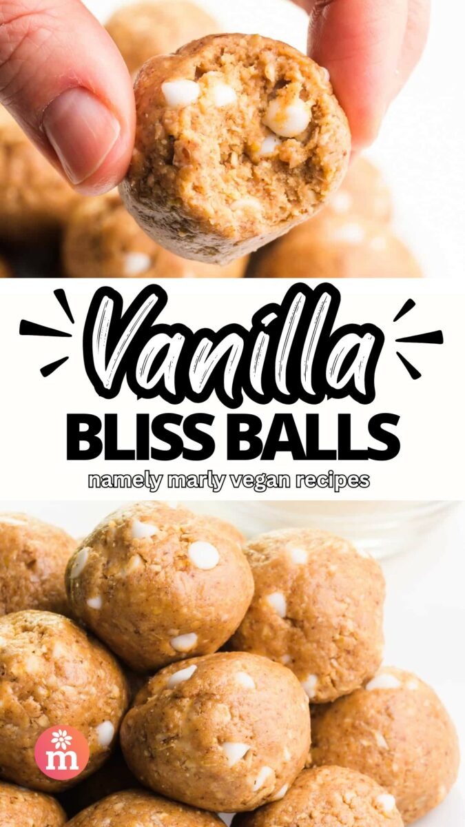 A hand holds a bliss ball with a bite taken out. A second image shows bliss balls on a plate. The text reads, Vanilla Bliss Balls, Namely Marly Vegan recipes.