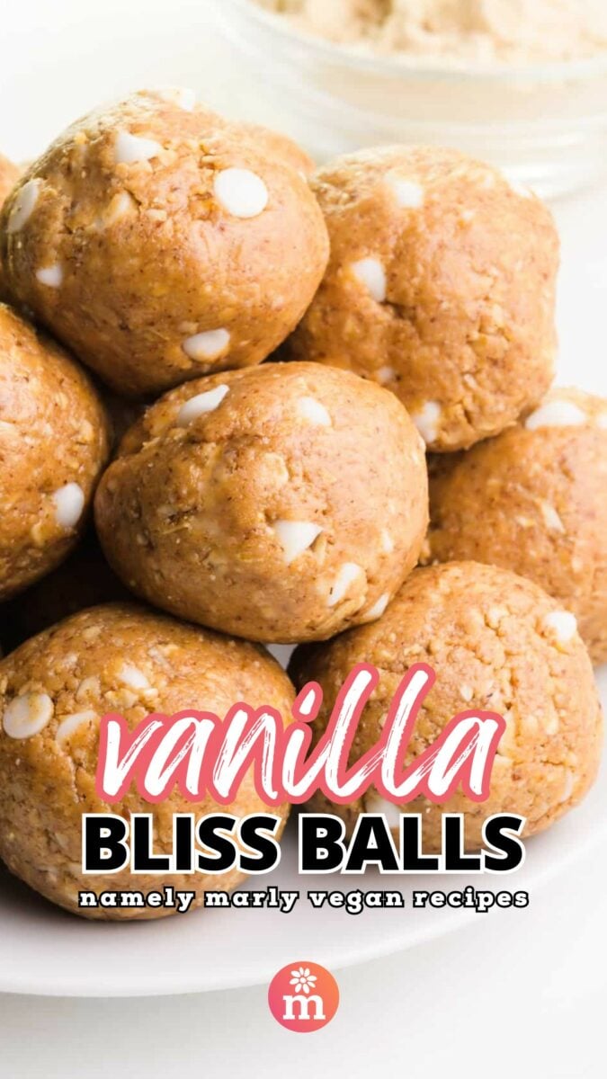 Bliss balls are on a plate. The text reads, Vanilla Bliss Balls, Namely Marly Vegan recipes.