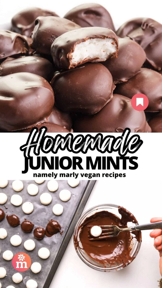 A chocolate candy has a bite taken out, revealing a creamy white center. The bottom image shows the creamy candies being dipped in melted chocolate. The text reads, Homemade Junior Mints, Namely Marly Vegan Recipes.