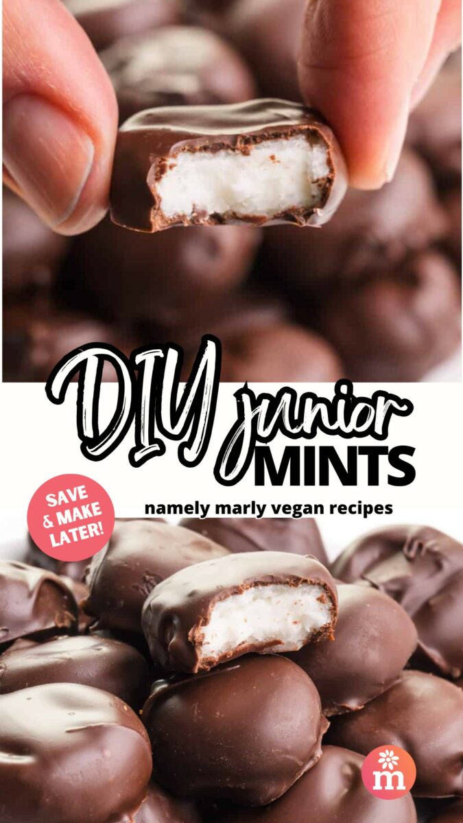 The top image shows a hand holding a chocolate candy with a bite taken out, showing a creamy white center. The bottom image shows that same candy on a stack with other candies. The text reads, Save & Make Later! DIY Junior Mints, Namely Marly Vegan Recipes.