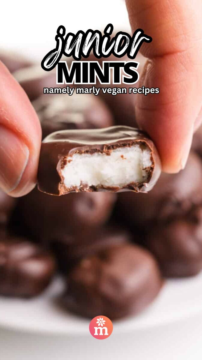 A hand holds a chocolate candy with a bite taken out, revealing a creamy white center. The text reads, Junior Mints, Namely Marly Vegan Recipes.