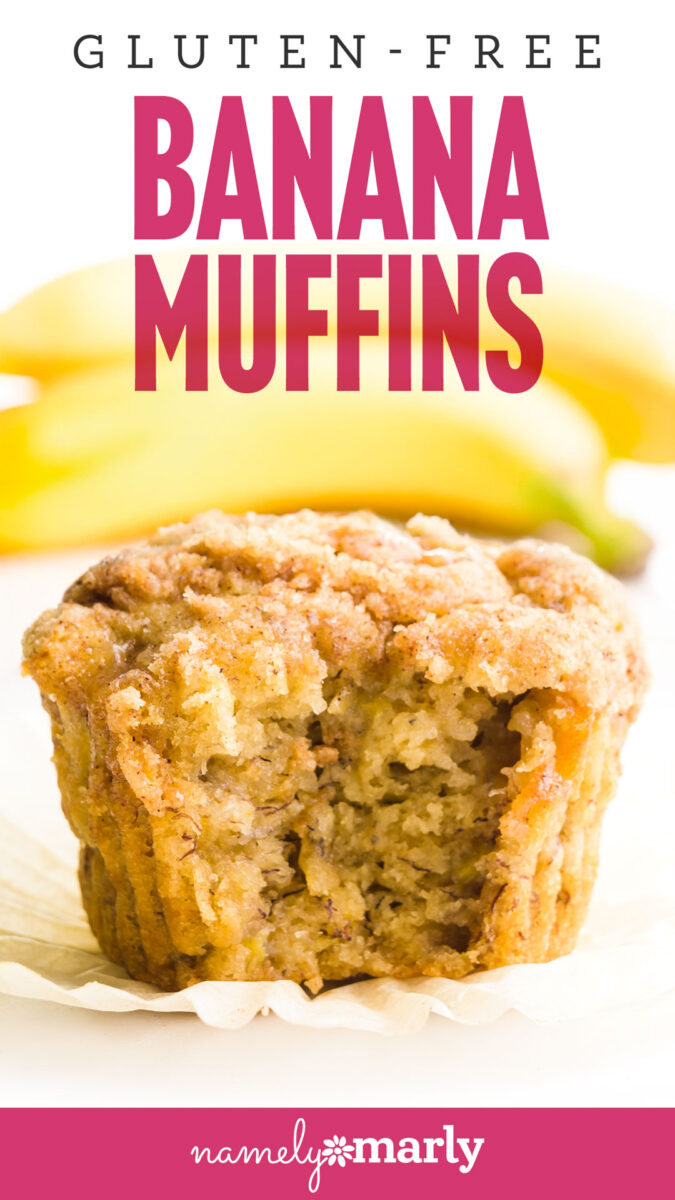 A stack of muffins in front of bananas. The text reads, Gluten-Free Banana Muffins, Namely Marly Vegan Recipes.