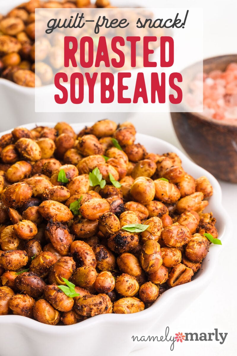 Guilt-free snack - roasted soybeans with an image of a bowl of seasoned soybeans