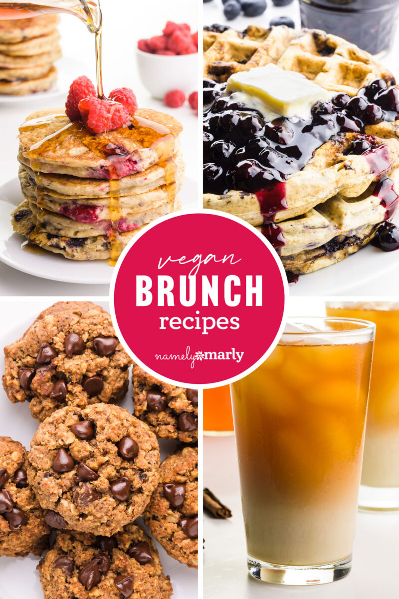Vegan brunch recipes featuring pancakes, waffles, cookies, and refreshing drinks.