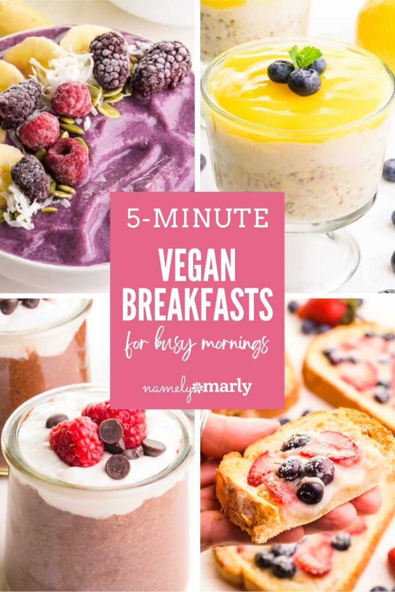 Collage of quick vegan breakfast ideas including smoothie bowls and overnight oats, with vibrant fruits and grains.