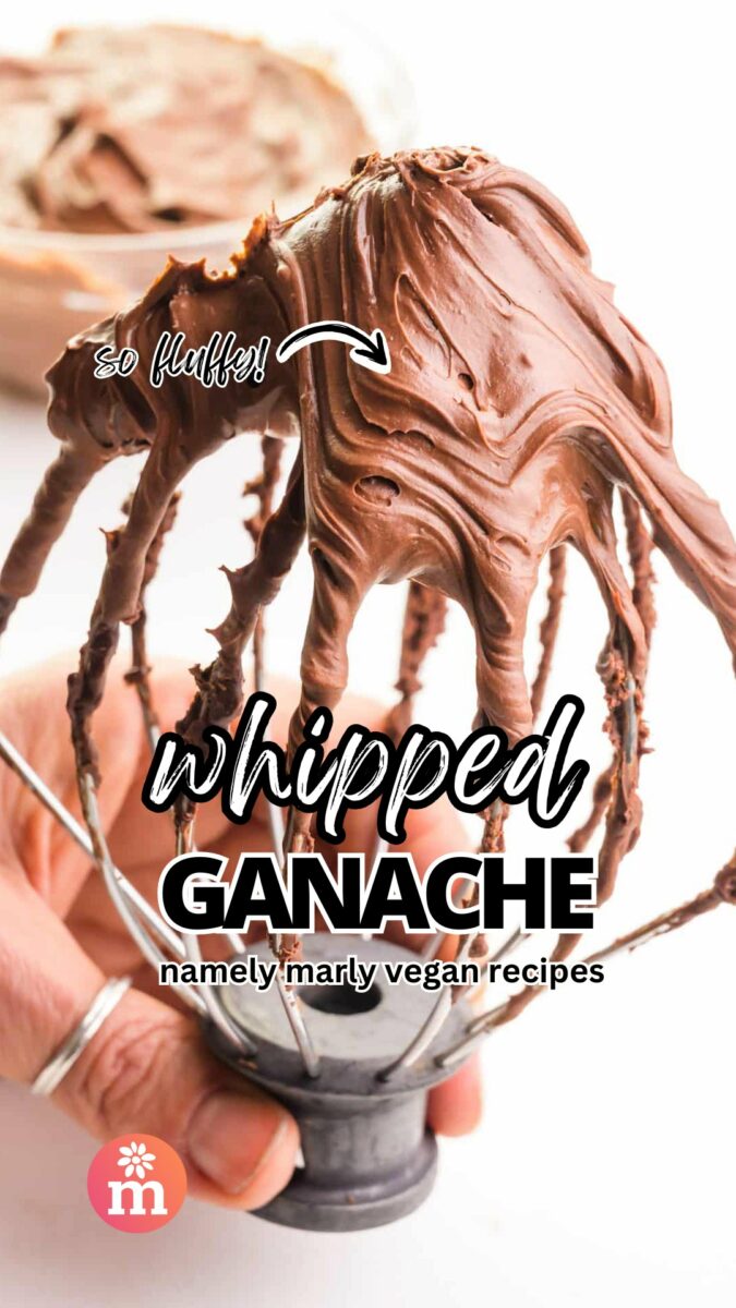 A hand holds a mixer beater with chocolate frosting. An arrow points to the frosting next to the words, so fluffy! The text reads, Whipped Ganache, Namely Marly Vegan Recipes.