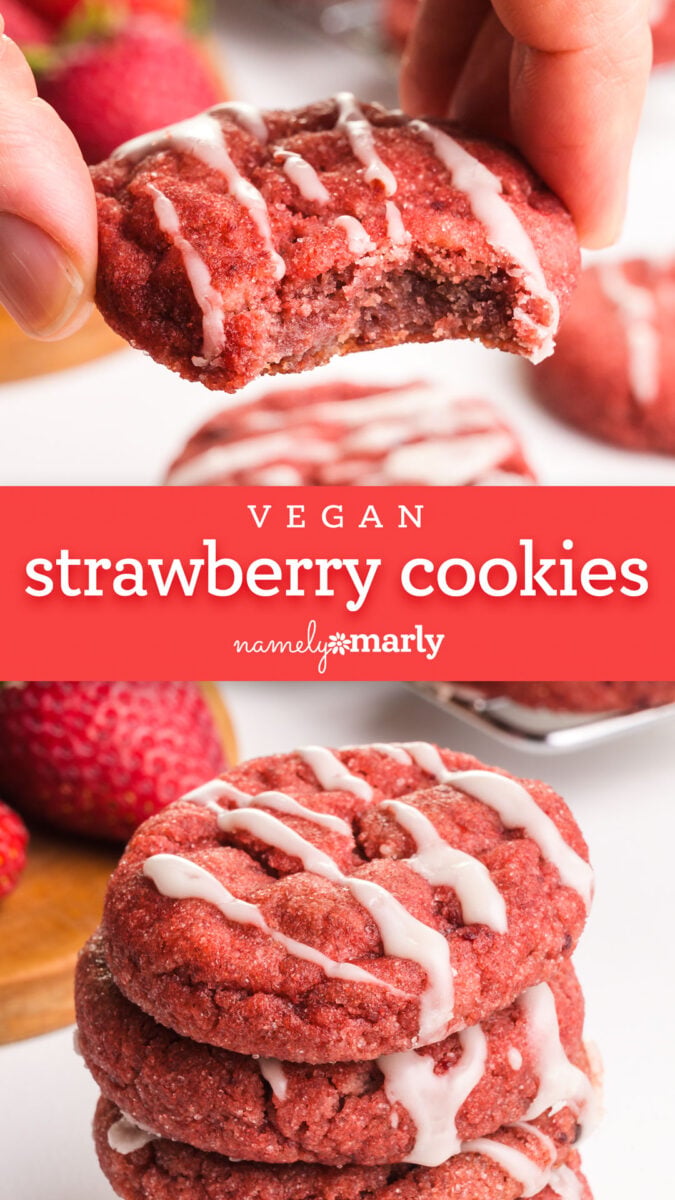 A hand holds a pink cookie with a bite taken out. The bottom image shows pink cookies on a plate. The text reads, Vegan Strawberry Cookies; Namely Marly Vegan Recipes.