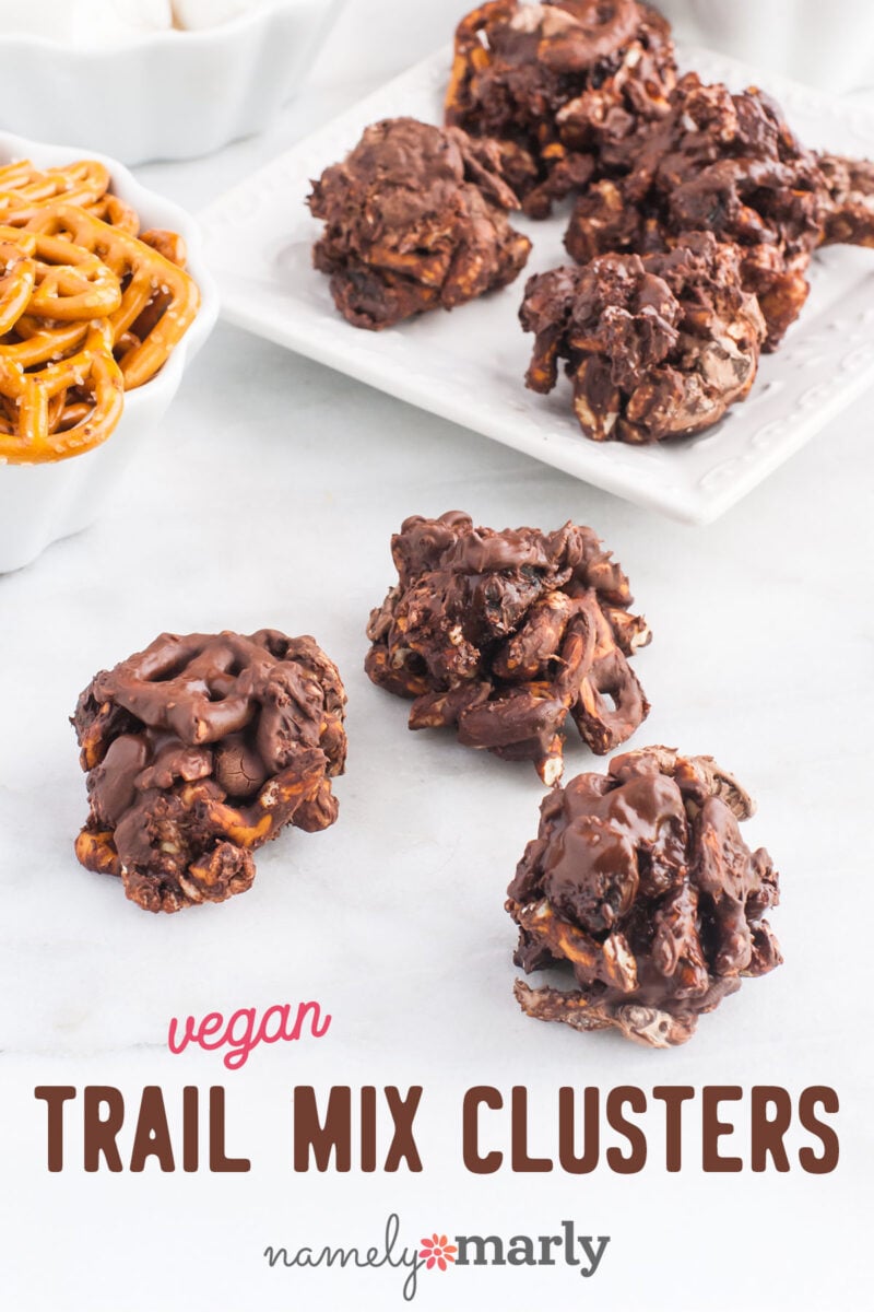 Vegan trail mix clusters made with chocolate and pretzels, served on a white plate with a bowl of pretzels.