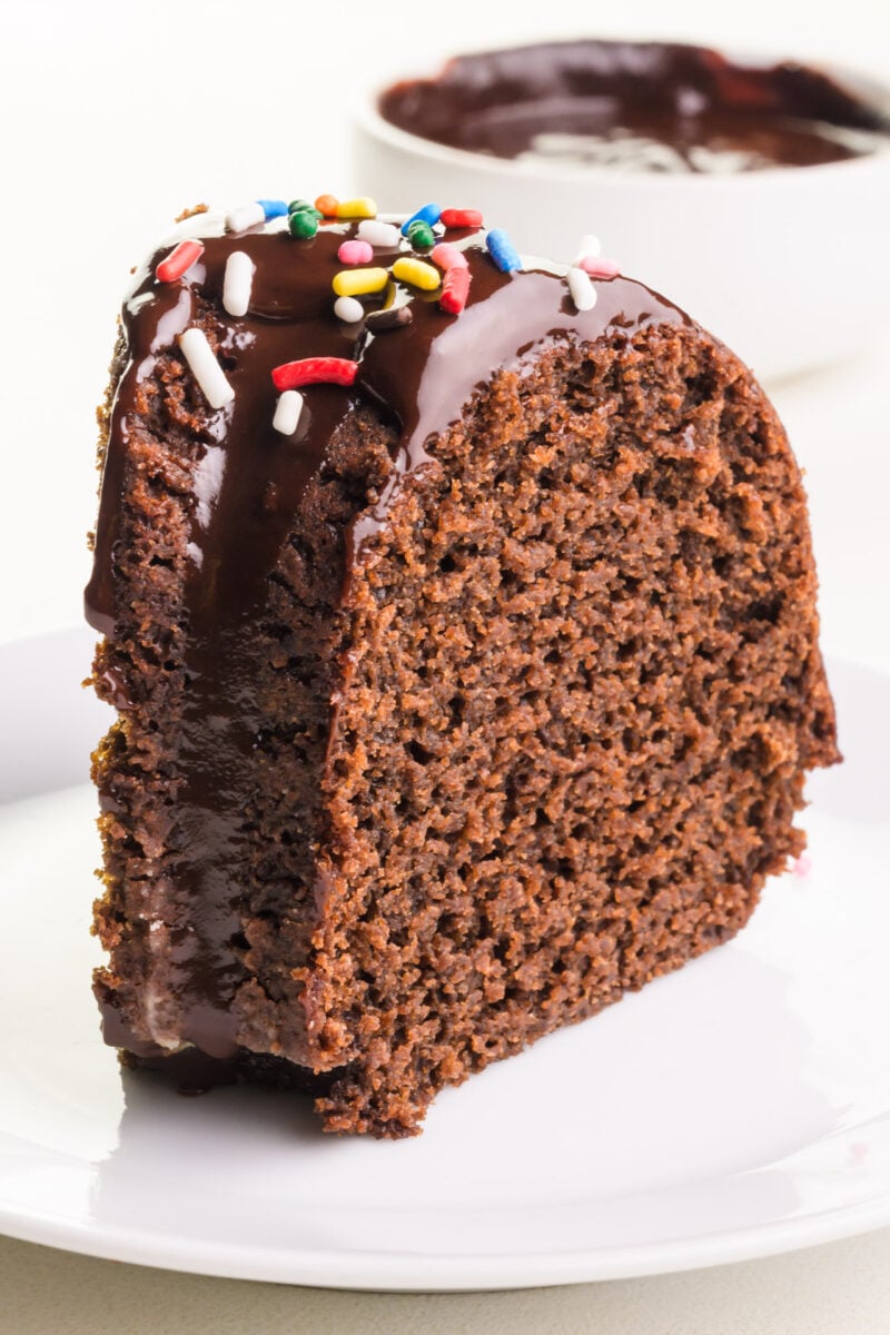 A slice of chocolate Bundt Cake on a plate has colorful sprinkles on top.