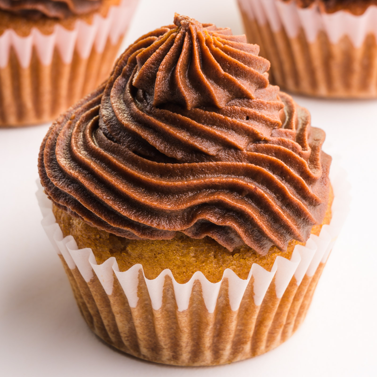 A cupcake has swirls of chocolate frosting on top.