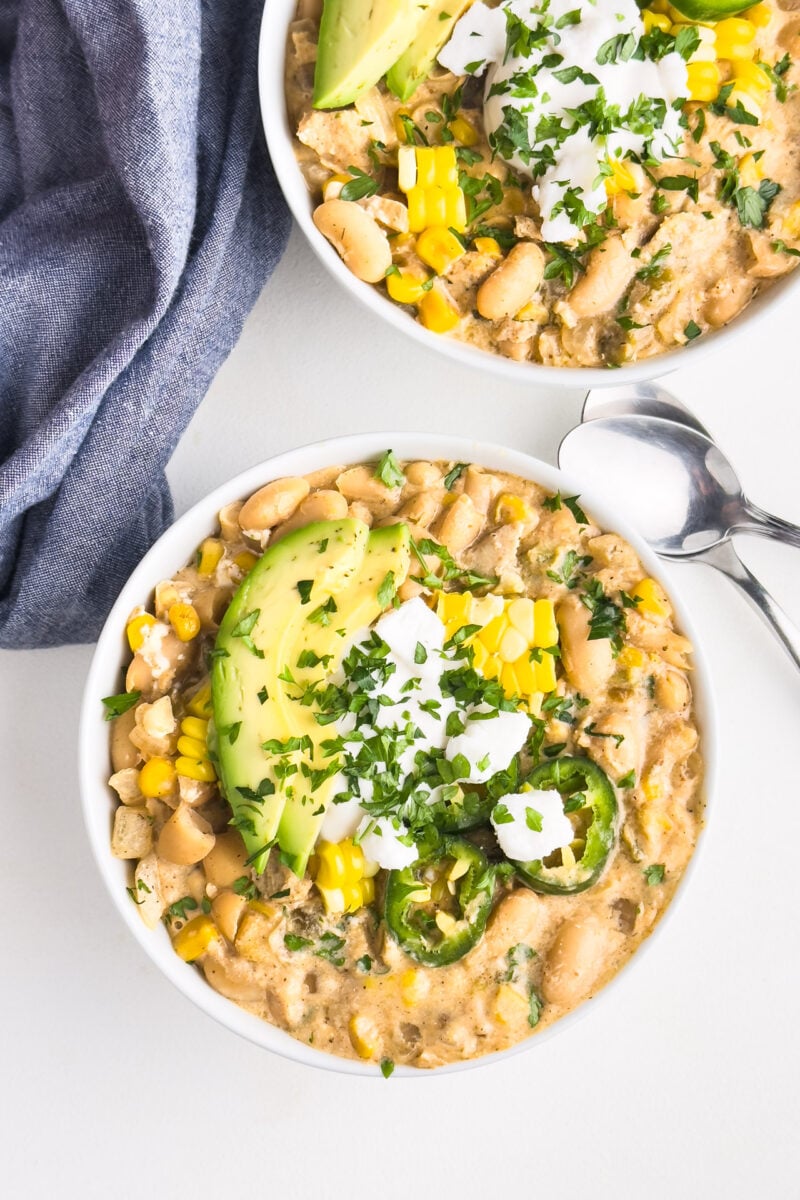 Looking down on two bowls of white bean chili