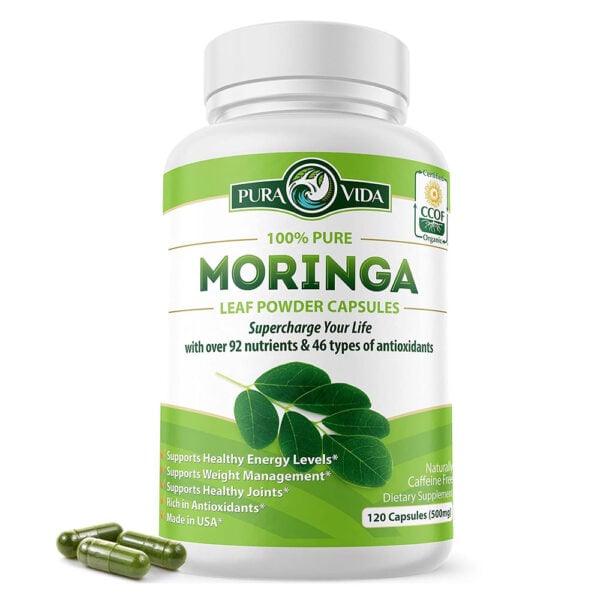 a bottle of moringa powder capsules