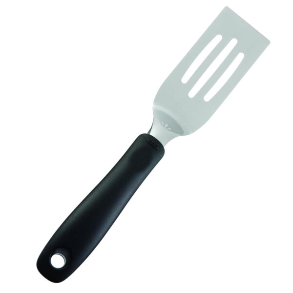 Metal slotted spatula with a black ergonomic handle.